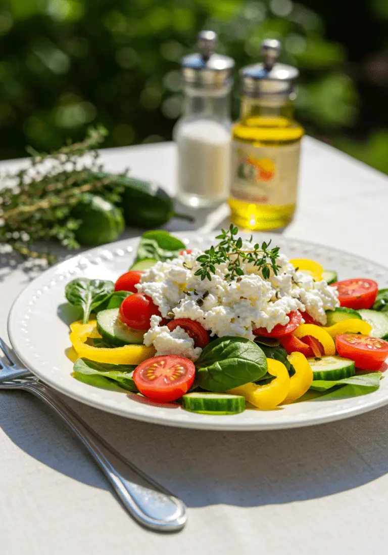 Fertiger sommerlicher Hüttenkäse Salat mit Gemüse, perfekt für warme Tage.