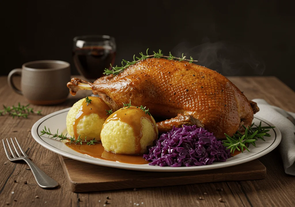 Winterlicher Gänsebraten mit Klößen, Rotkohl und Sauce, serviert auf einem festlich gedeckten Tisch.