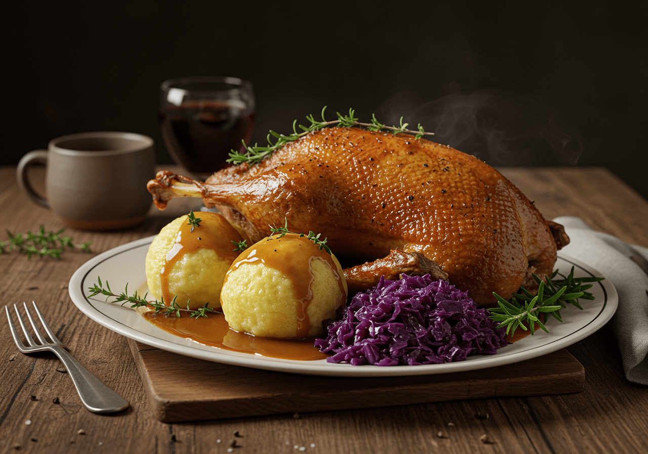Winterlicher Gänsebraten mit Klößen, Rotkohl und Sauce, serviert auf einem festlich gedeckten Tisch.