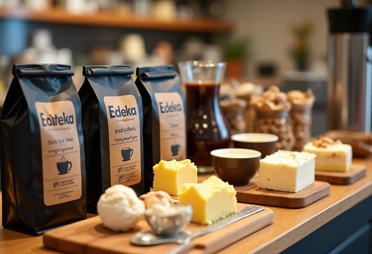 Fertiges Arrangement von Edeka Angeboten mit Kaffee, Butter und Eis zum Genießen.