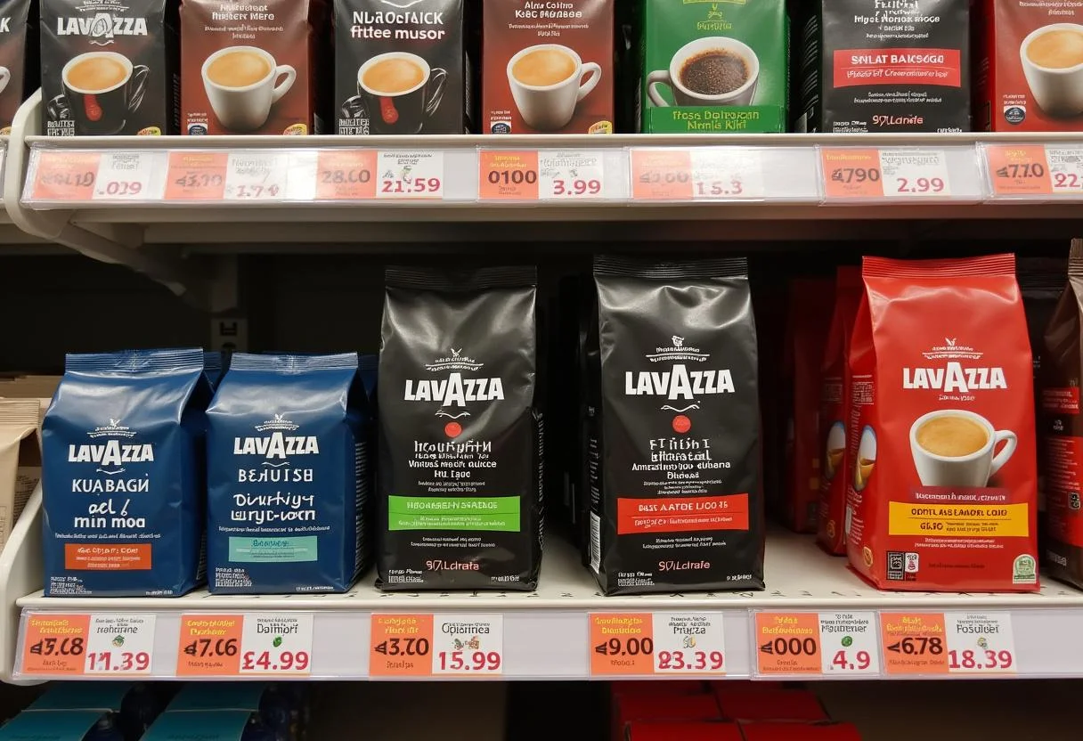 Kaffee Angebot Edeka mit Mövenpick und Lavazza Produkten auf einem Regal.