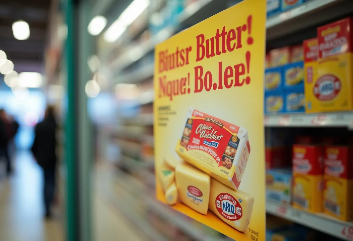 Butter im Angebot Edeka beworben auf einem attraktiven Plakat im Geschäft.