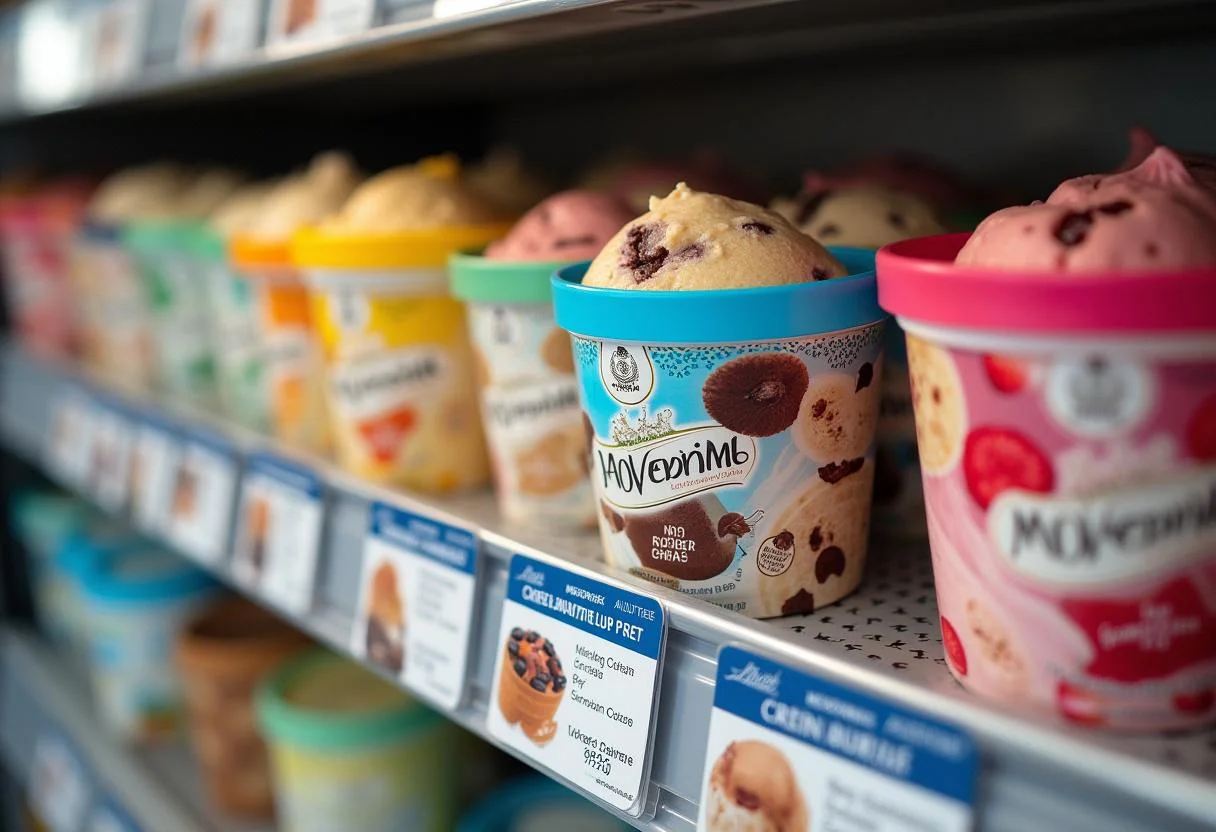 Mövenpick Eis Angebot Edeka in einer Kühlvitrine mit verschiedenen Geschmacksrichtungen.