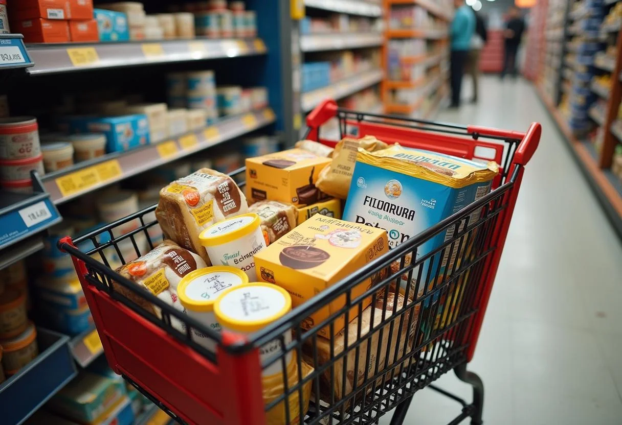 Einkaufswagen mit Angeboten bei Edeka, darunter Kaffee, Butter und Mövenpick Eis.