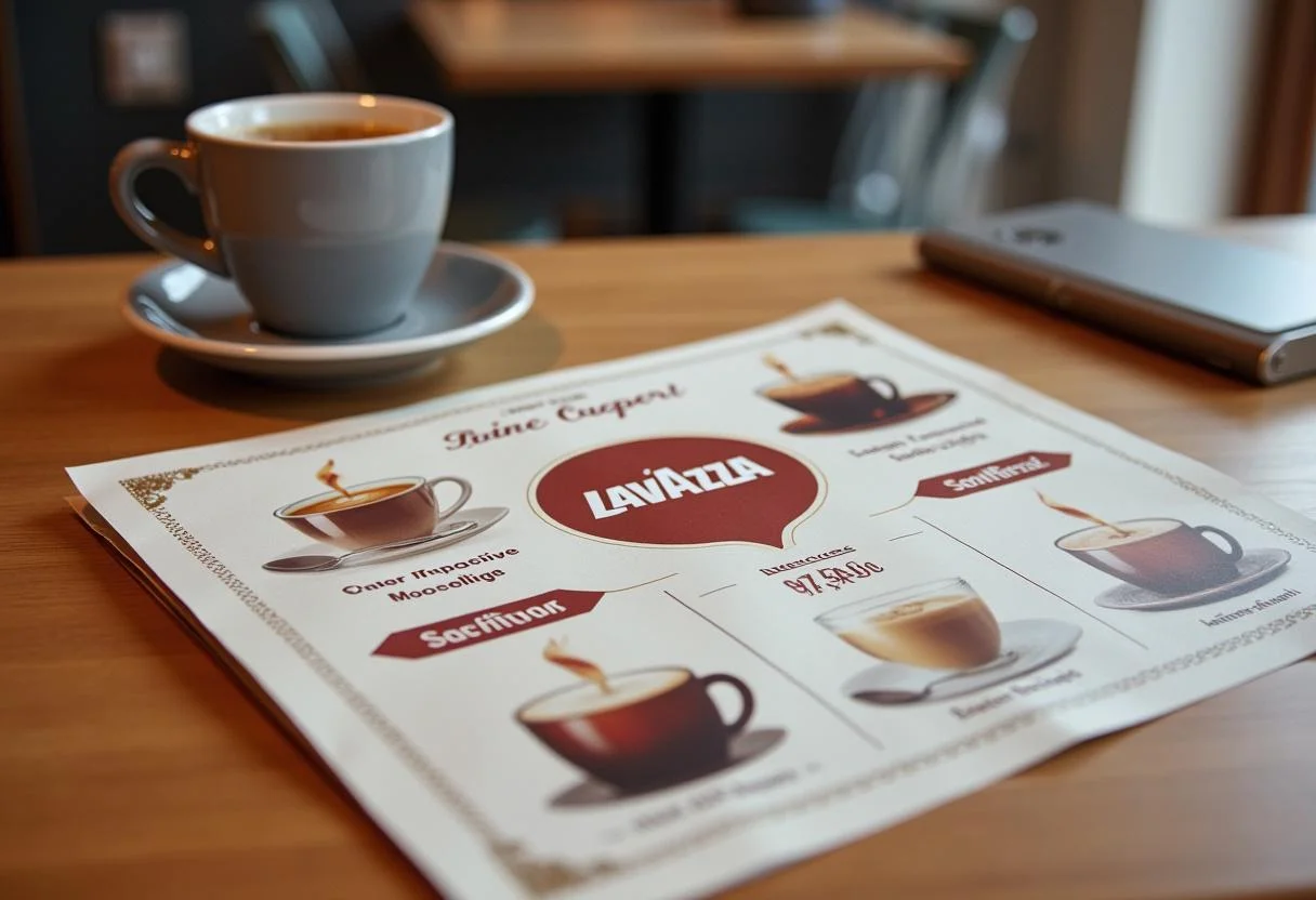 Kaffeeflyer mit aktuellen Angeboten von Lavazza, Melitta und Schümli auf dem Küchentisch.