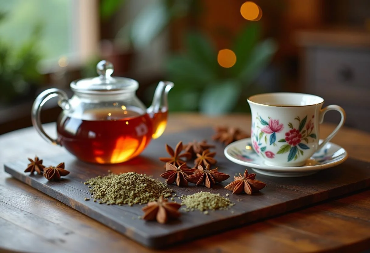 Artistic presentation of anis tee, ideal for cough relief and digestive health, creating a calming atmosphere.