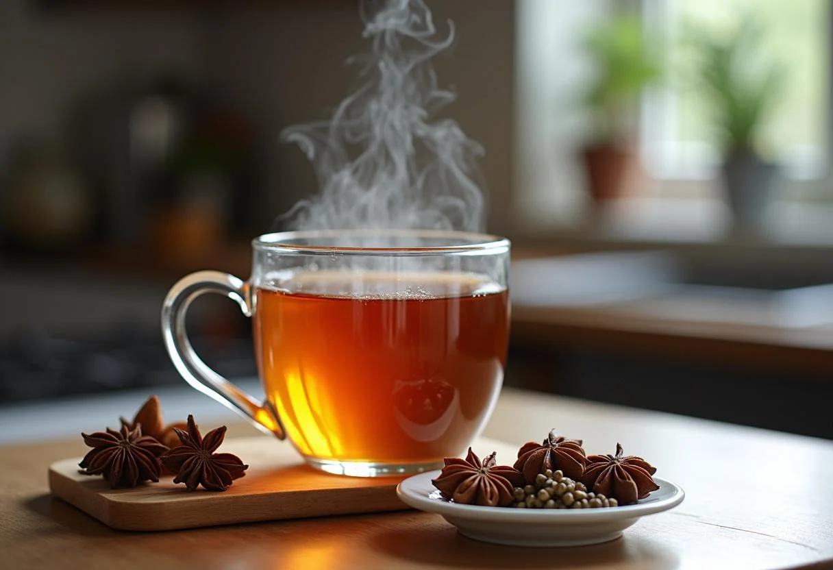 Steaming anis tee in a glass cup, highlighting its beneficial effects on cough and digestion.