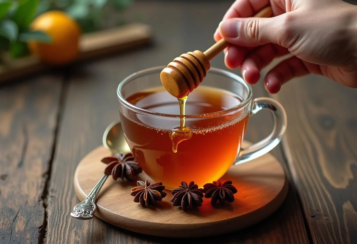Honey being stirred into anis tea for soothing coughs and aiding digestion.