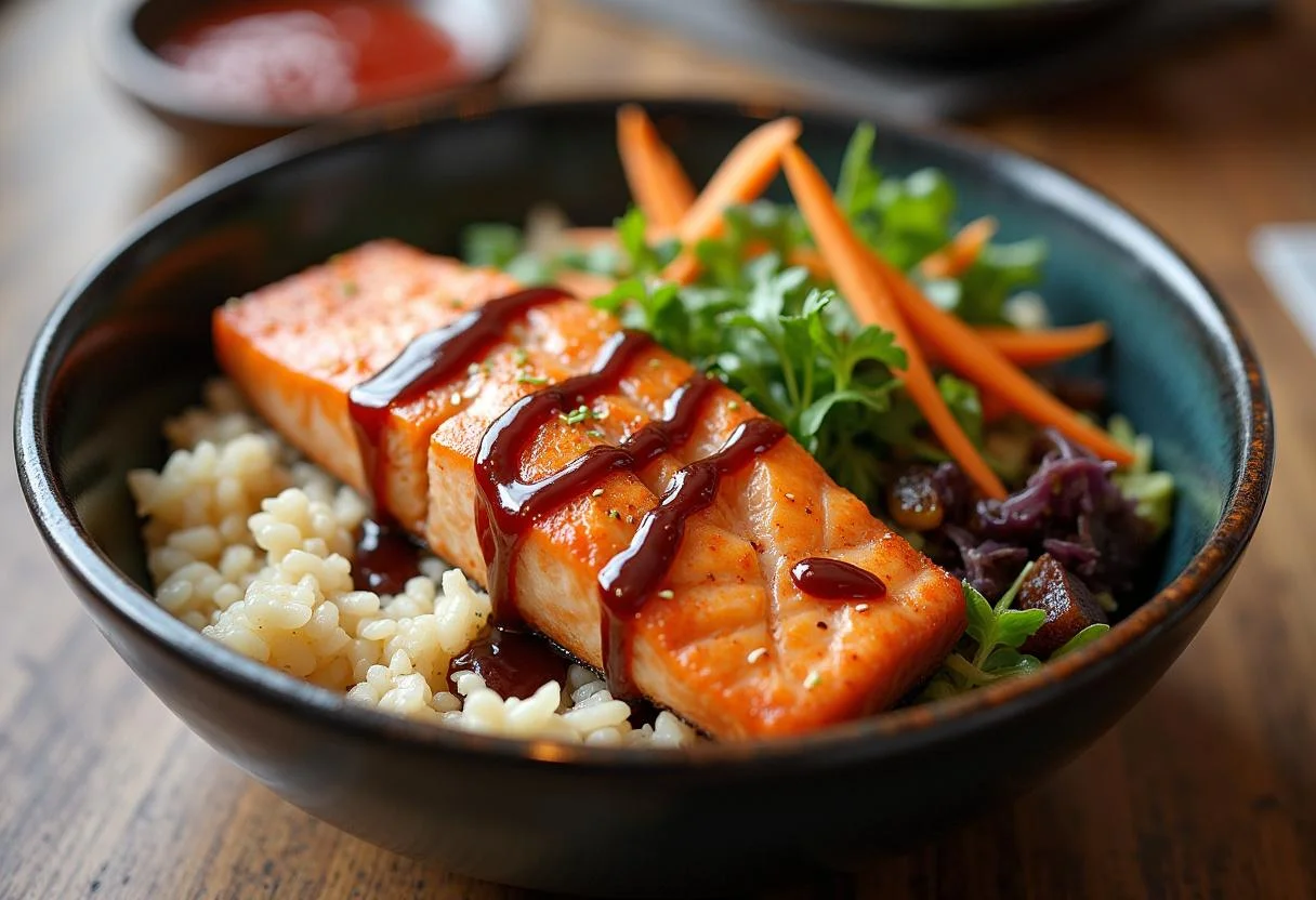 Fertige asiatische Reis Bowl mit Lachs Teriyaki, ein leckeres, ansprechendes Gericht für jeden Tisch.
