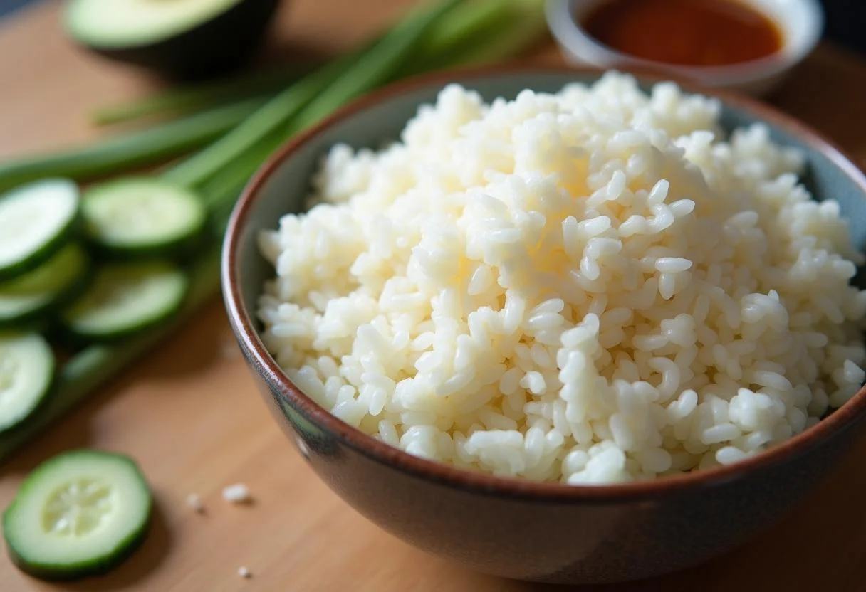 Reis mit Lachs-Teriyaki Basis, vorbereitet mit frischem Gemüse für asiatische Reis Bowl.