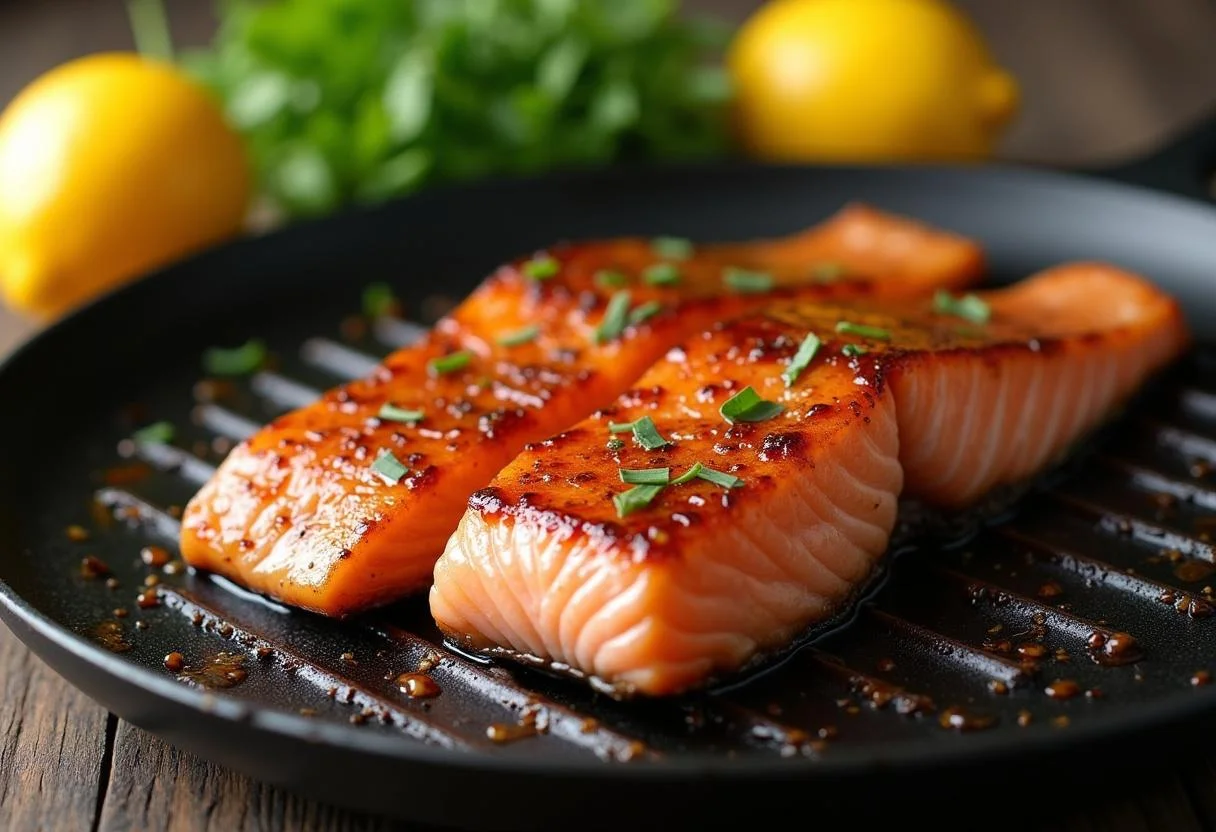 Lachsfilet wird auf die Grillpfanne für die Teriyaki-Zubereitung gelegt, Hauptbestandteil der asiatischen Reis Bowl.