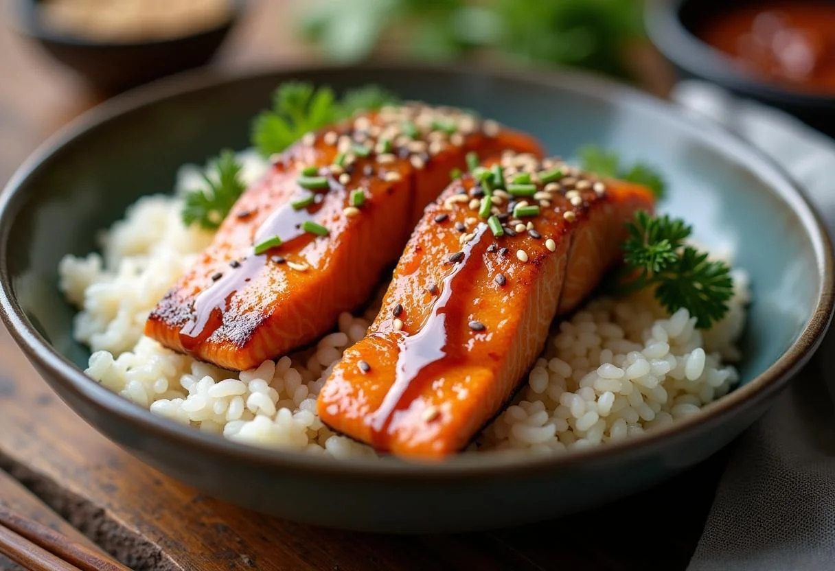 Gegrillter Lachs Teriyaki wird auf asiatischem Reis präsentiert, eine köstliche Kombination für Reis mit Lachs.