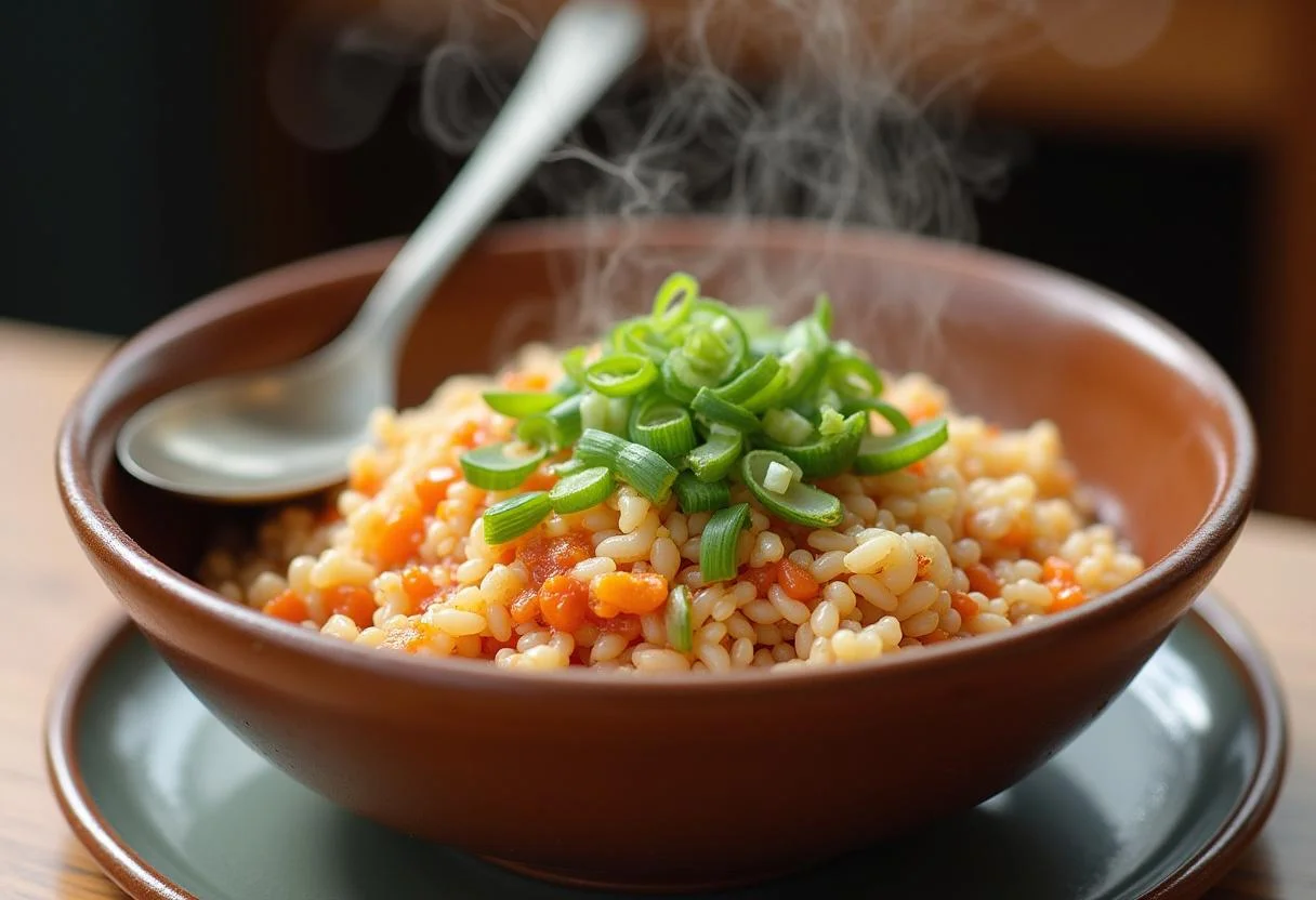 Asiatische Reis Bowl wird mit Frühlingszwiebeln und Sesam für den perfekten Reis-Lachs-Look dekoriert.