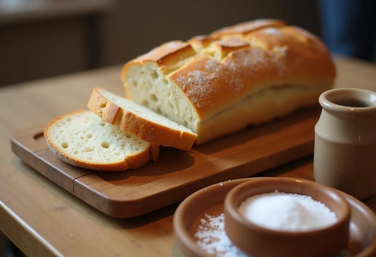 Brot und Salz auf einem Holztisch anlässlich des Einzugs, Symbol für Gastfreundschaft.