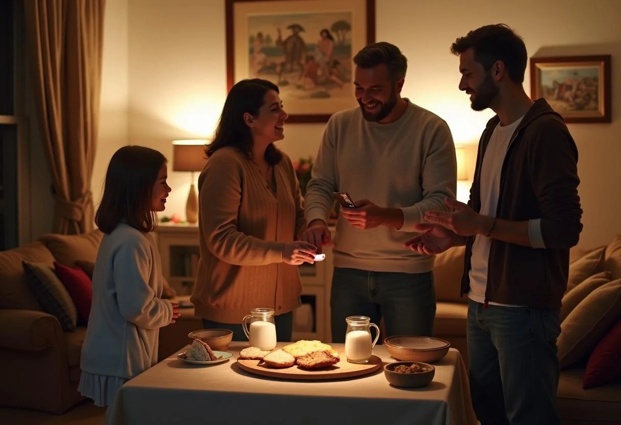 Familie spricht Sprüche über Salz und Brot beim Einzug, zeitlose Tradition der Gastfreundschaft.