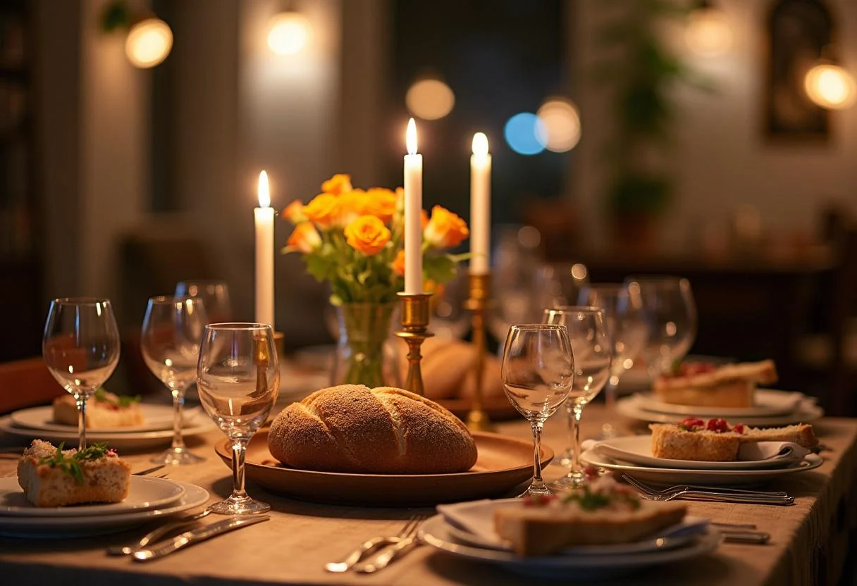 Festlich gedeckter Tisch für den Einzug mit Brot und Salz, ideal für festliche Anlässe.