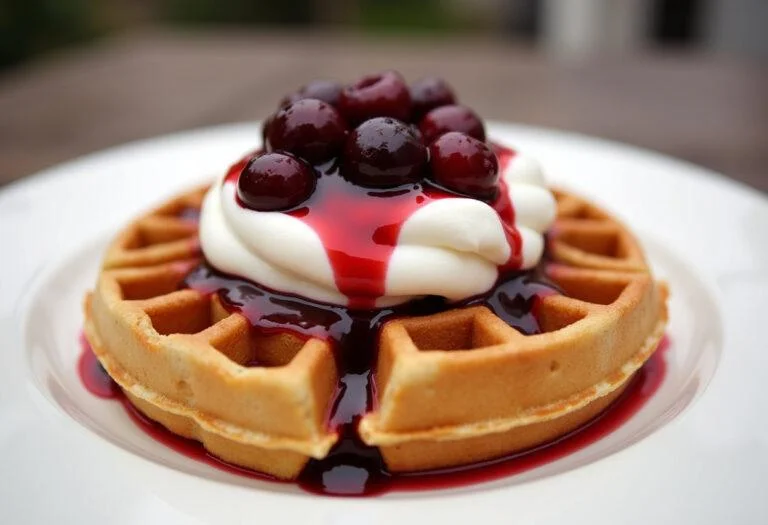 Fertige Belgische Waffeln mit heißen Kirschen und Sahne, perfekt für ein köstliches Frühstück oder Dessert.