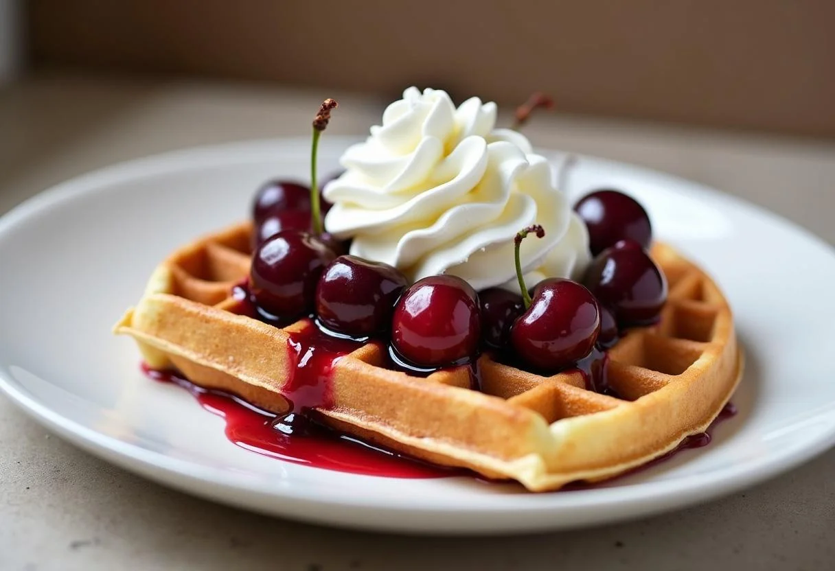 Fertige Belgische Waffeln mit heißen Kirschen und Sahne, perfekt für ein köstliches Frühstück oder Dessert.