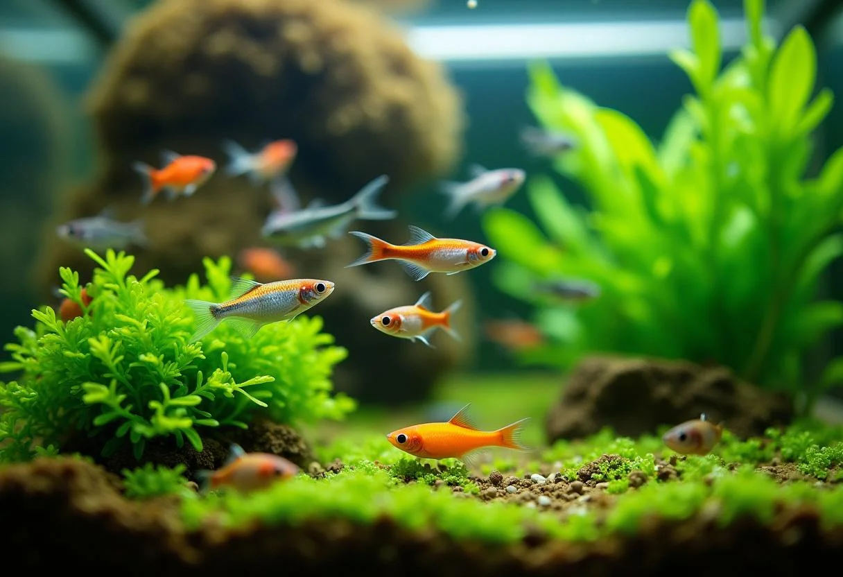 Kleine Nano-Aquariumfische schwimmen in einem kleinen Süßwasseraquarium.