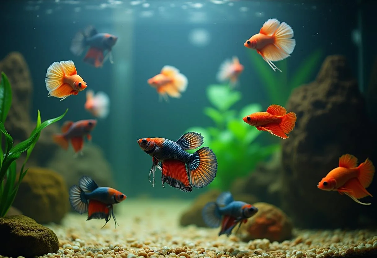 Die schönsten Süßwasser-Aquariumfische in einem großen Aquarien-Setup.