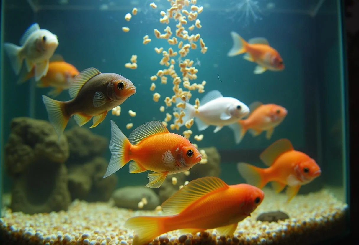 Fische im Süßwasser-Aquarium erfreuen sich an Flockenfutter zur Fütterung.