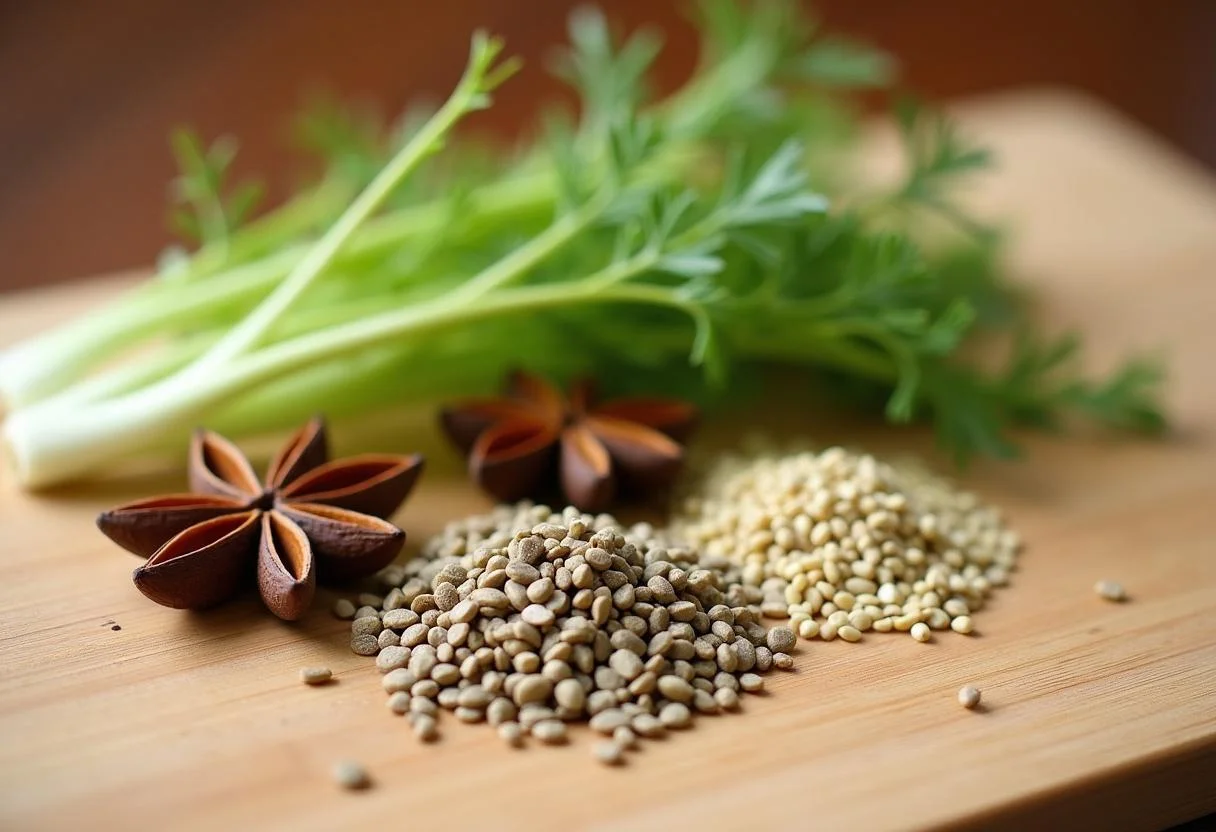 Kümmel, Fenchel und Anis auf einem Holzbrett für die Zubereitung von kümmel fenchel anis tee wirkung.