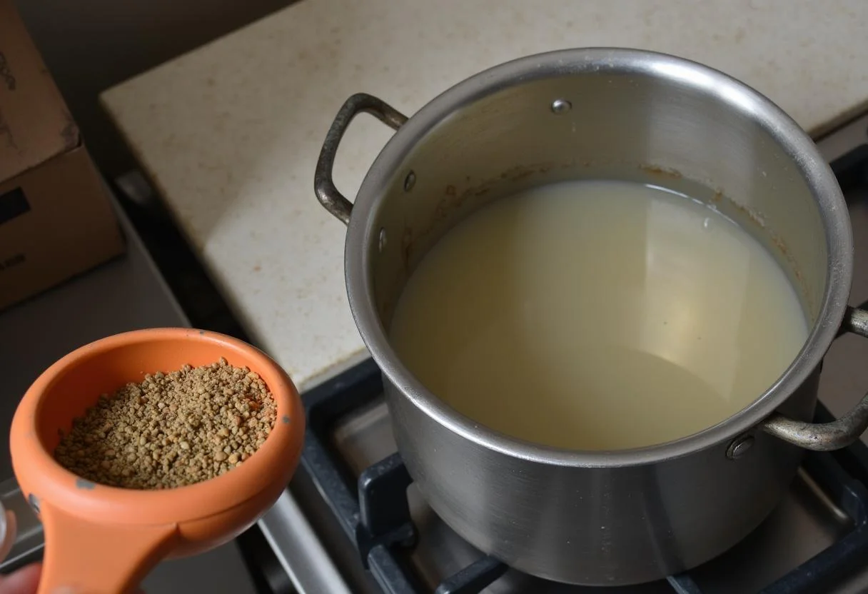 Wasser, das in einem Topf für kümmel fenchel anis tee kocht, zur Linderung von Baby Bauchweh.