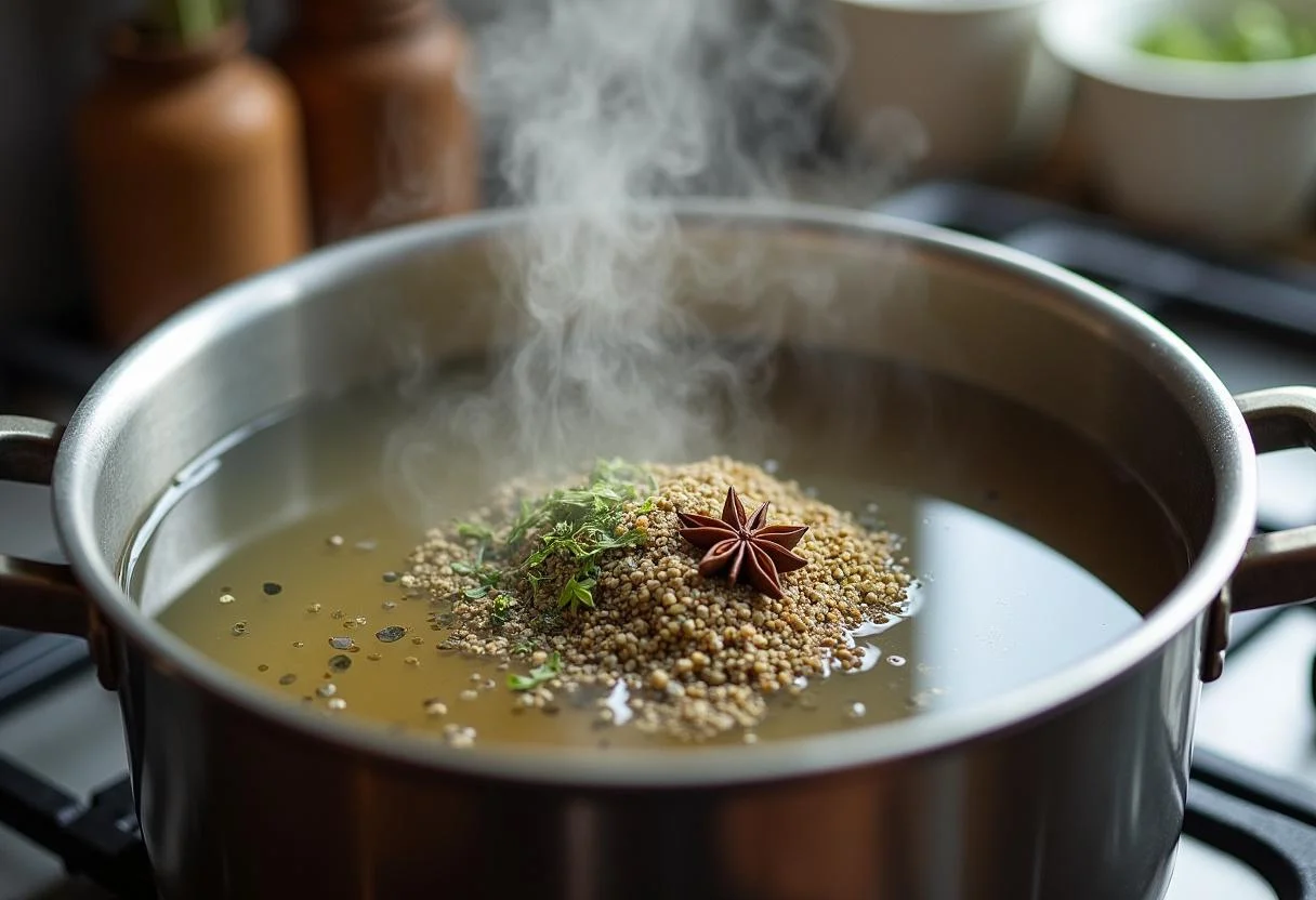 Kümmel, Fenchel und Anis werden in kochendes Wasser für anis kümmel fenchel tee hinzugefügt.