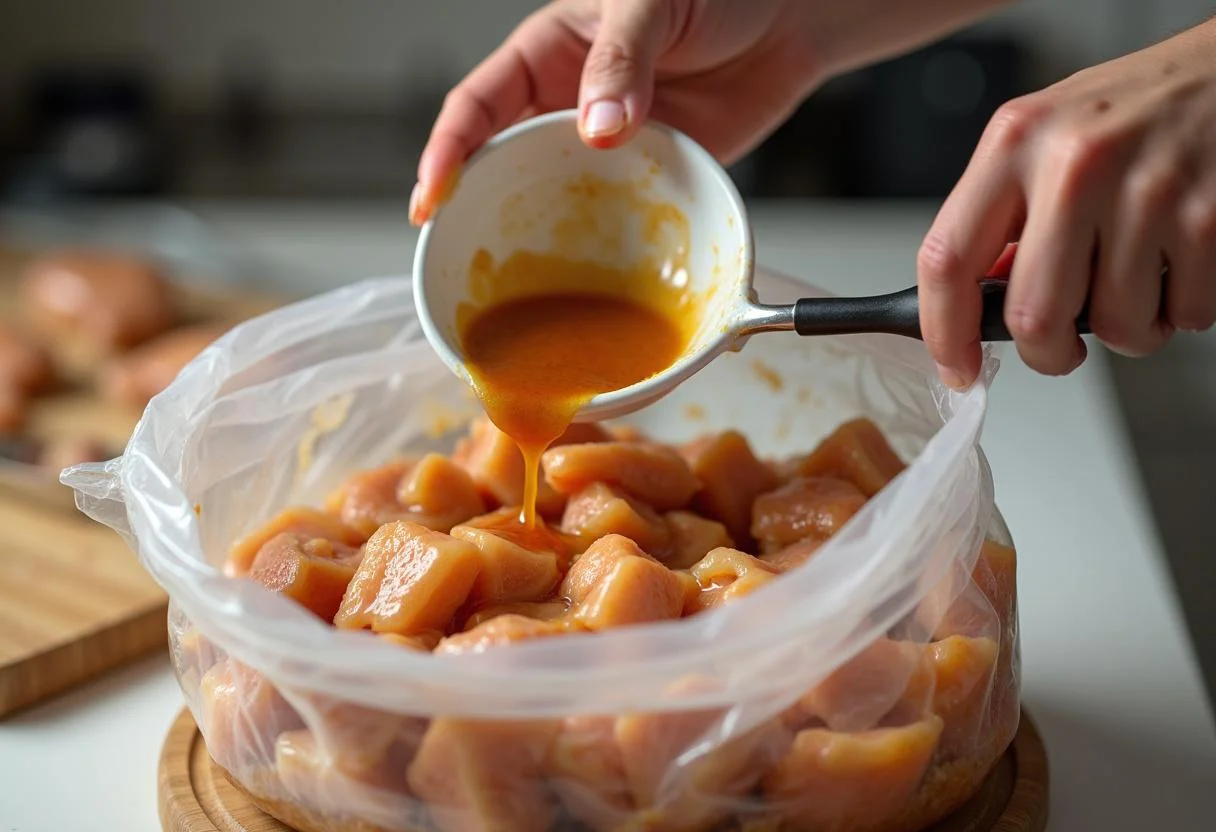 Hähnchenstücke werden in Hähnchen Marinade mit Joghurt und Honig eingelegt für intensiven Geschmack.
