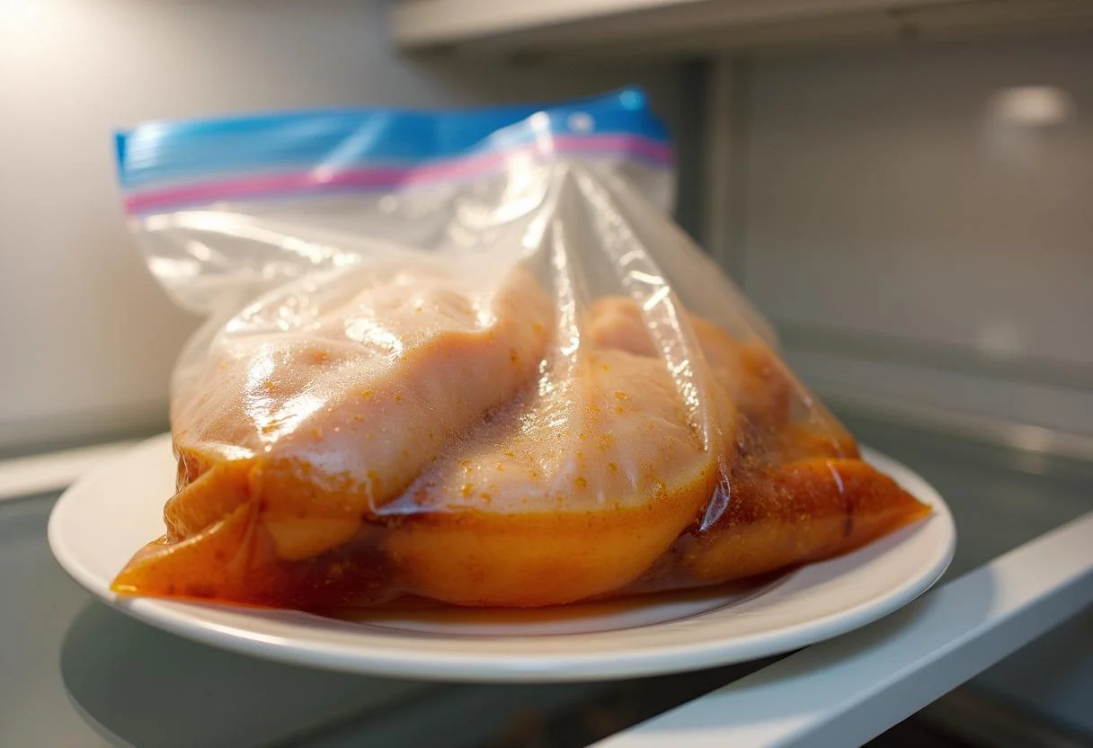 Hähnchen mit Grillen Marinade in einem Kühlschrank zum Marinieren gelagert.