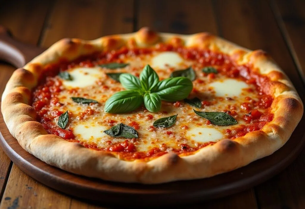 Fertige Pizza mit geschmolzenem Käse für Pizza, perfekt gebacken und dekoriert mit frischem Basilikum.