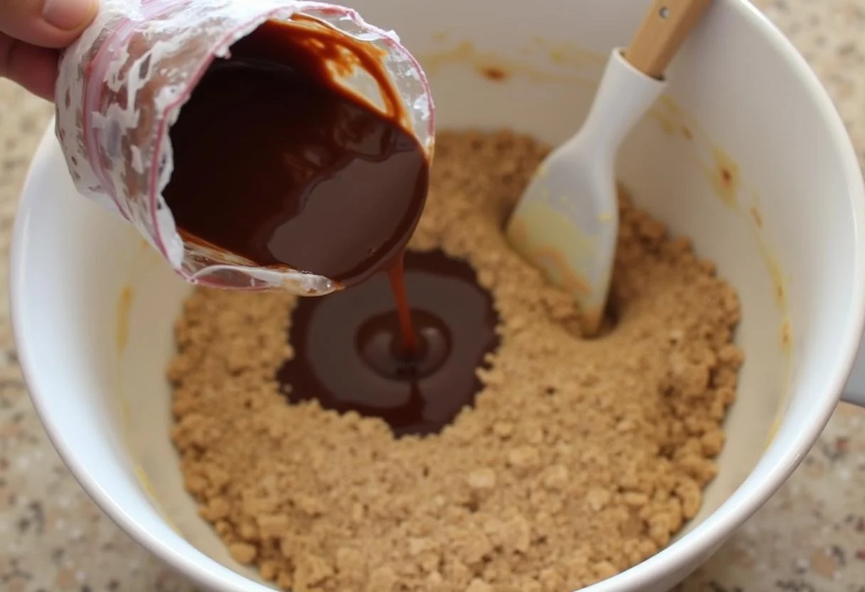 Schmelzende Schokolade wird zu den Kuchen Rezepten im Thermomix hinzugefügt.