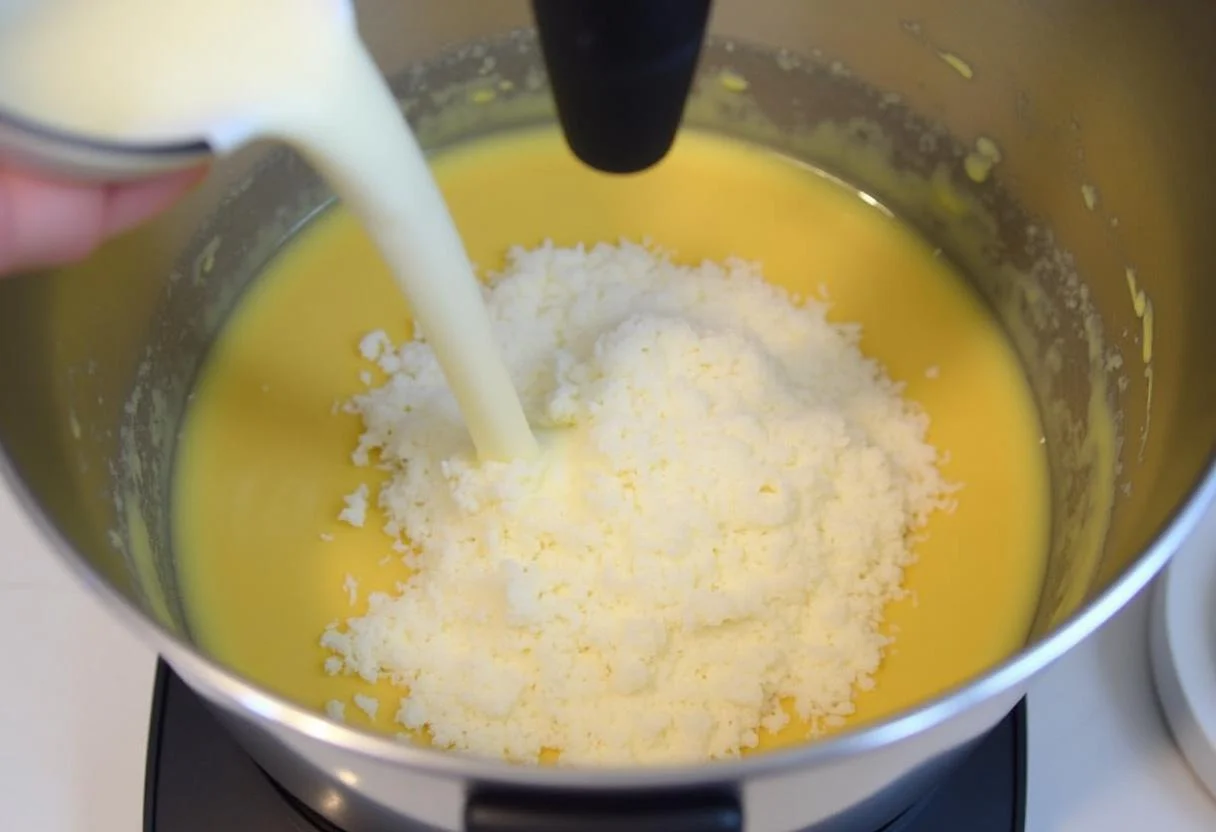 Kokosflocken und Buttermilch werden zu Kuchen Rezepten im Thermomix hinzugefügt.