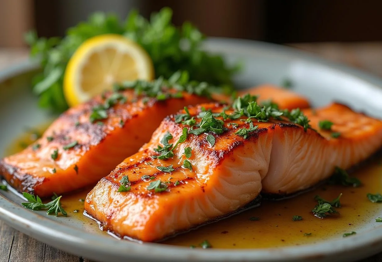 Fertiger gegrillter Lachs mit Marinade, ideal für eine köstliche Mahlzeit.