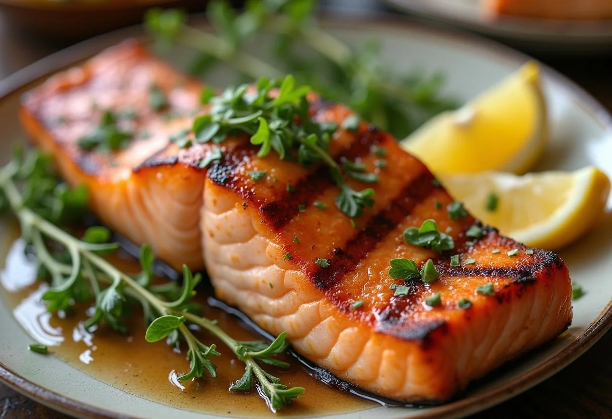 Fertiger gegrillter Lachs mit Marinade, ideal für eine köstliche Mahlzeit.