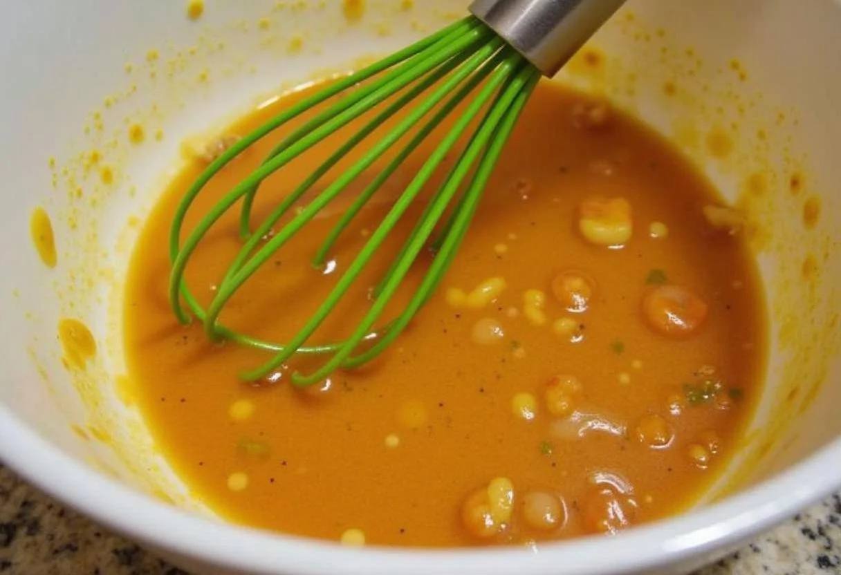 Mixing marinade für lachs in einer Schüssel für das Grillen im Backofen.