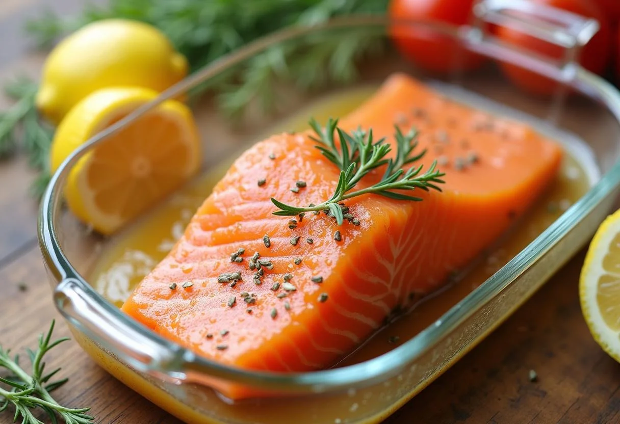 Lachsfilet in einer Glasschüssel für die Marinade vorbereiten, ideal für grillen im Backofen.
