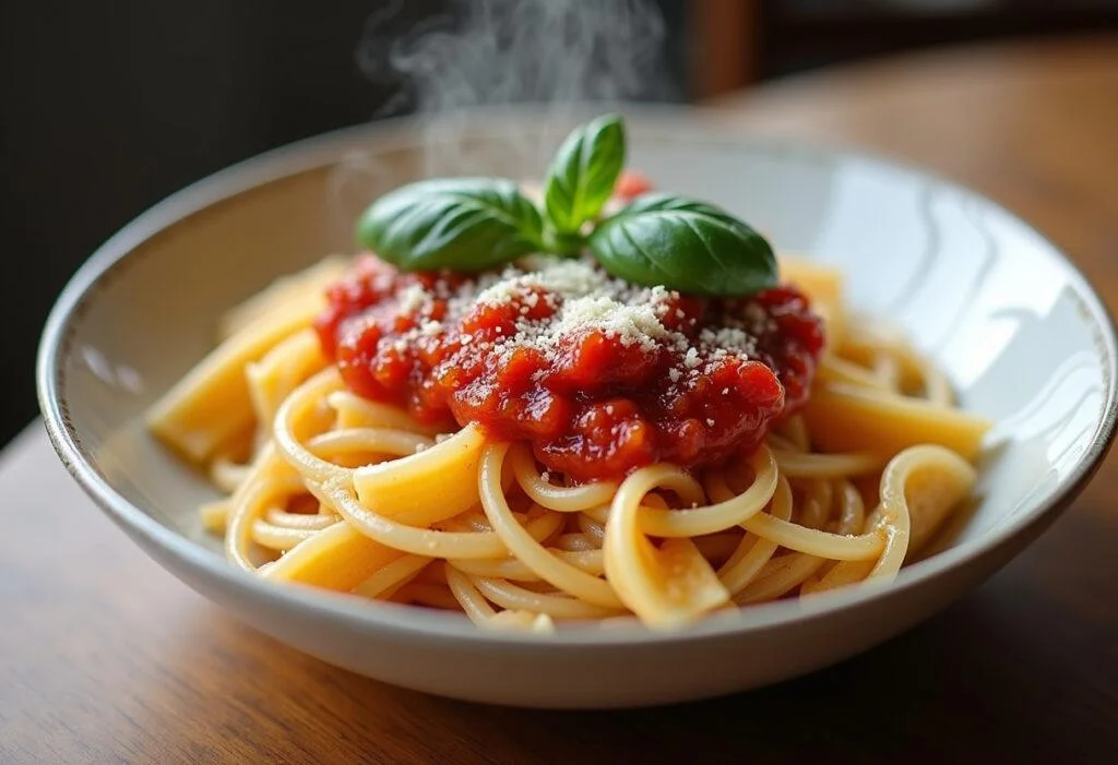 Fertige Tomatensauce aus passierten Tomaten über Nudeln serviert, ideal für Pasta-Gerichte.