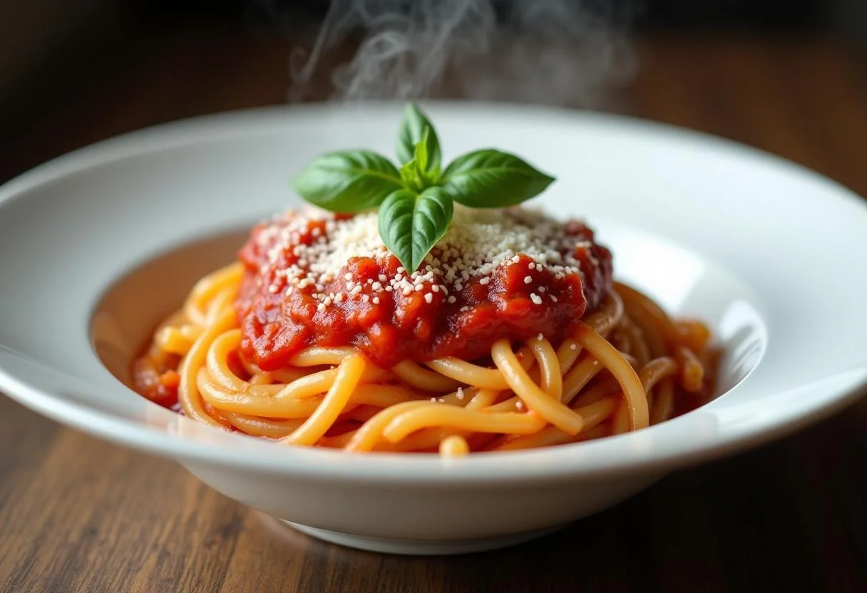 Fertige Tomatensauce aus passierten Tomaten über Nudeln serviert, ideal für Pasta-Gerichte.