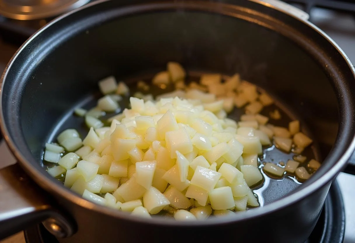 Zwiebeln und Knoblauch werden in einer Pfanne mit Öl für die Tomatensauce angebraten.
