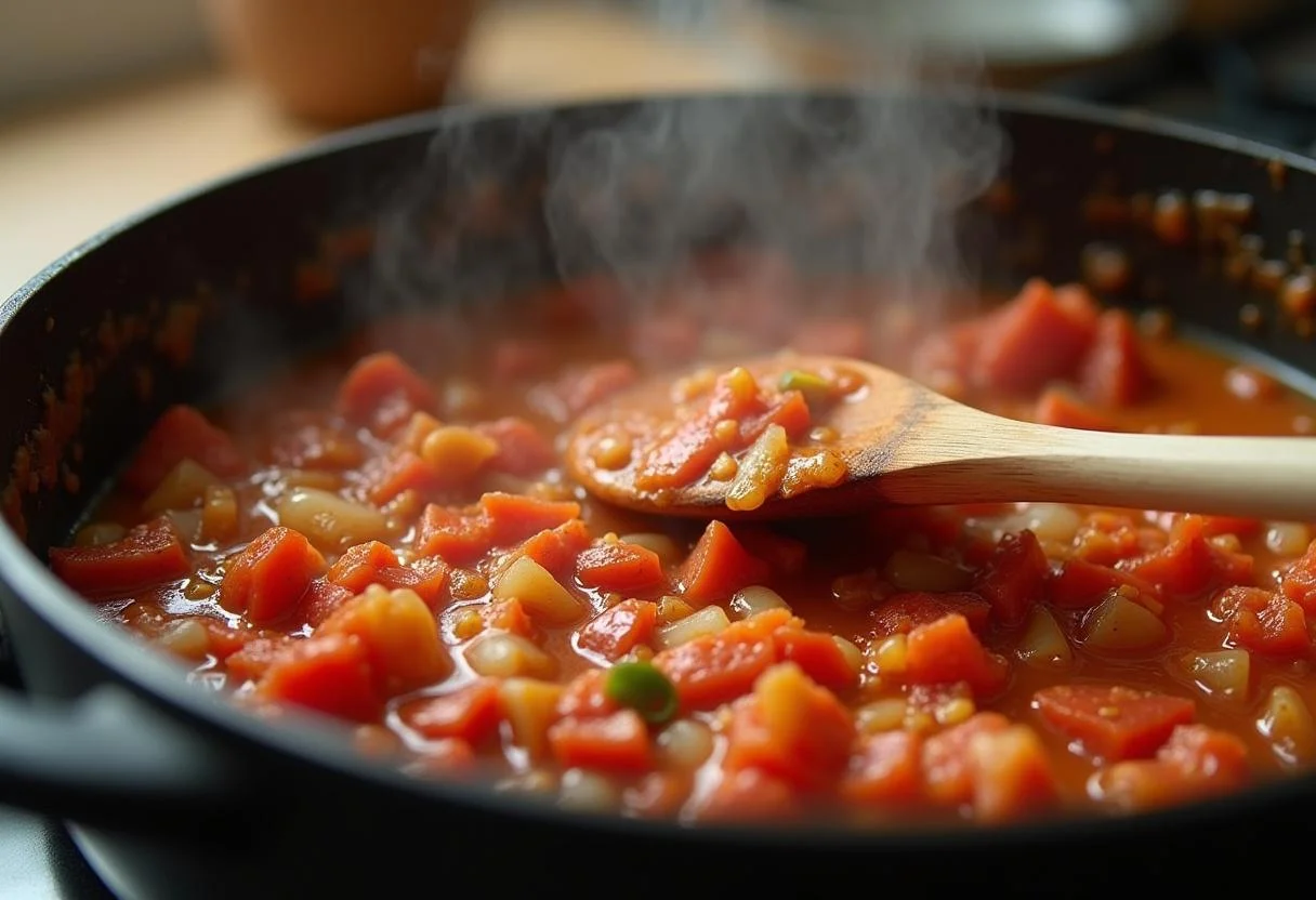 Die Mischung aus passierten Tomaten, Zwiebeln und Knoblauch wird für die beste Tomatensauce gerührt.