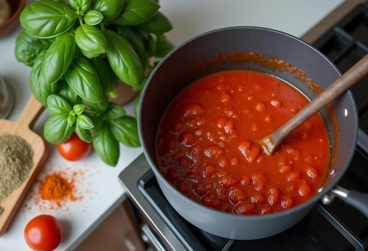 Die duftende Tomatensoße köchelt auf dem Herd für eine köstliche Mahlzeit.