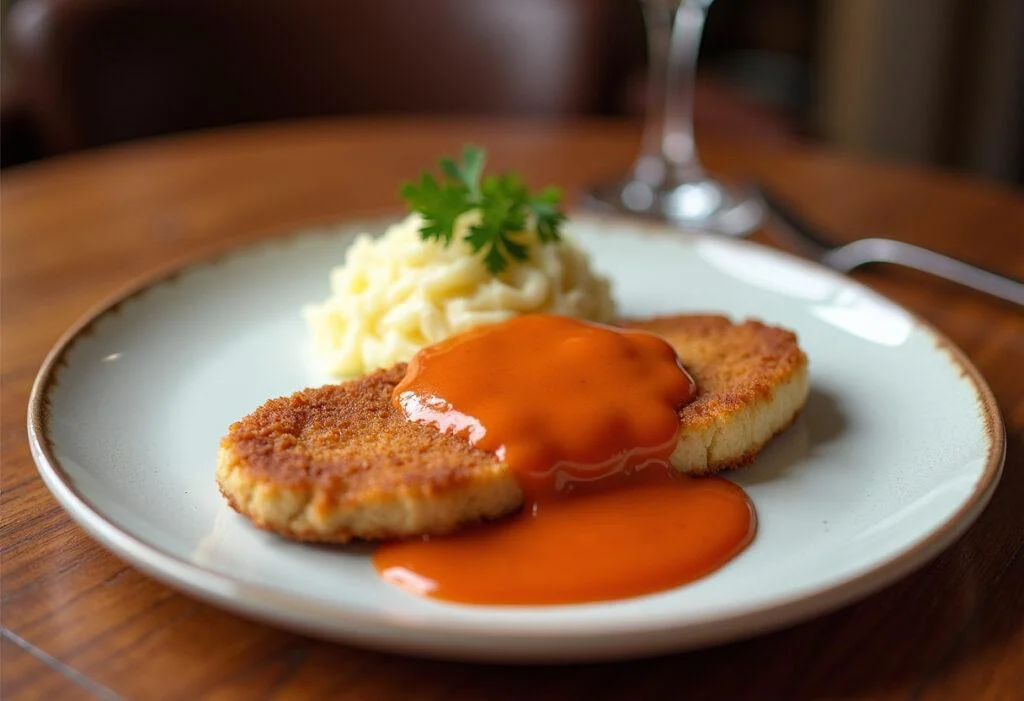 Perfekt angerichtetes Schnitzel mit der besten Soße für Schnitzel Jäger Rahm Paprika.