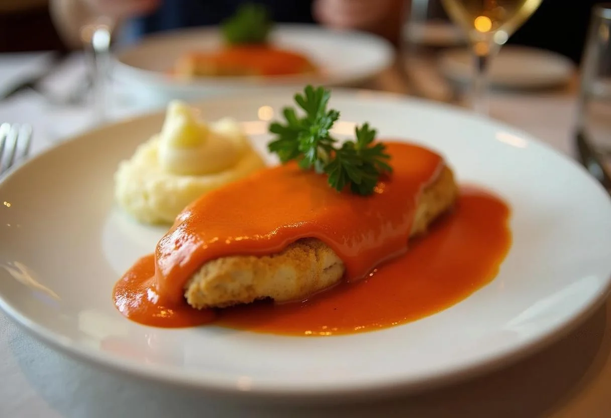 Perfekt angerichtetes Schnitzel mit der besten Soße für Schnitzel Jäger Rahm Paprika.