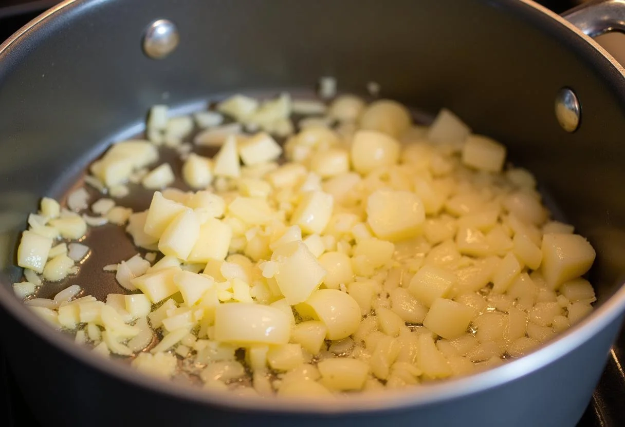 Zwiebeln und Knoblauch in Butter angebraten für die beste Soße für Schnitzel.