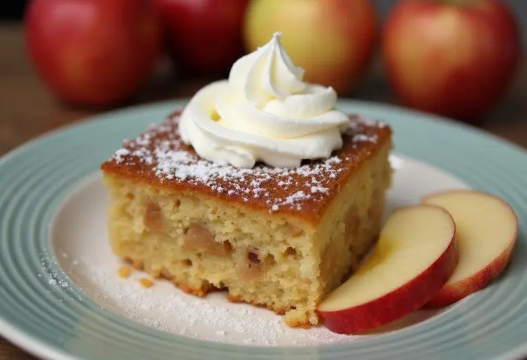 Fertiger Apfelkuchen mit Marzipan, präsentiert auf einem Teller mit Sahne und frischen Äpfeln.