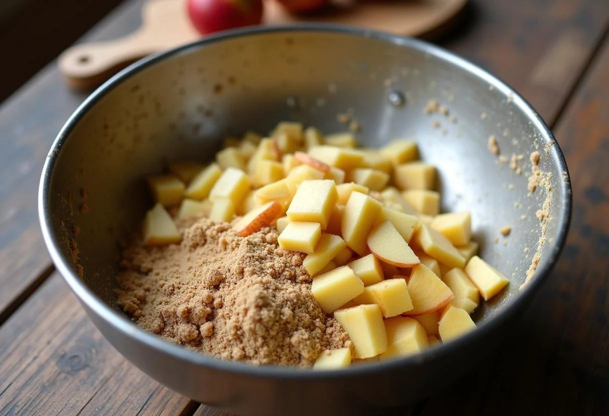 Zutaten für den besten Apfelkuchen: Äpfel und Marzipan in einer Schüssel.