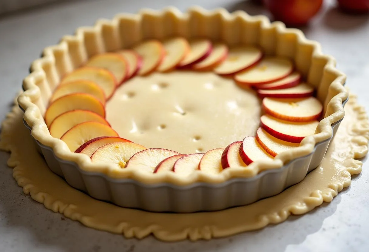 Ausgerollter Teig für Apfelkuchen, vorbereitet für die Füllung mit Äpfeln und Marzipan.