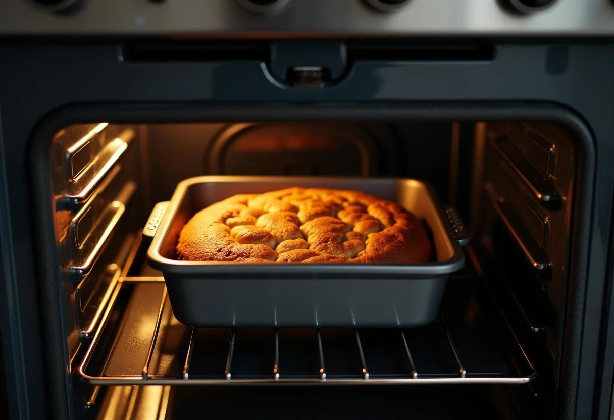 Apfelkuchen im Ofen, der frisch gebacken wird, um das perfekte Rezept zu kreieren.