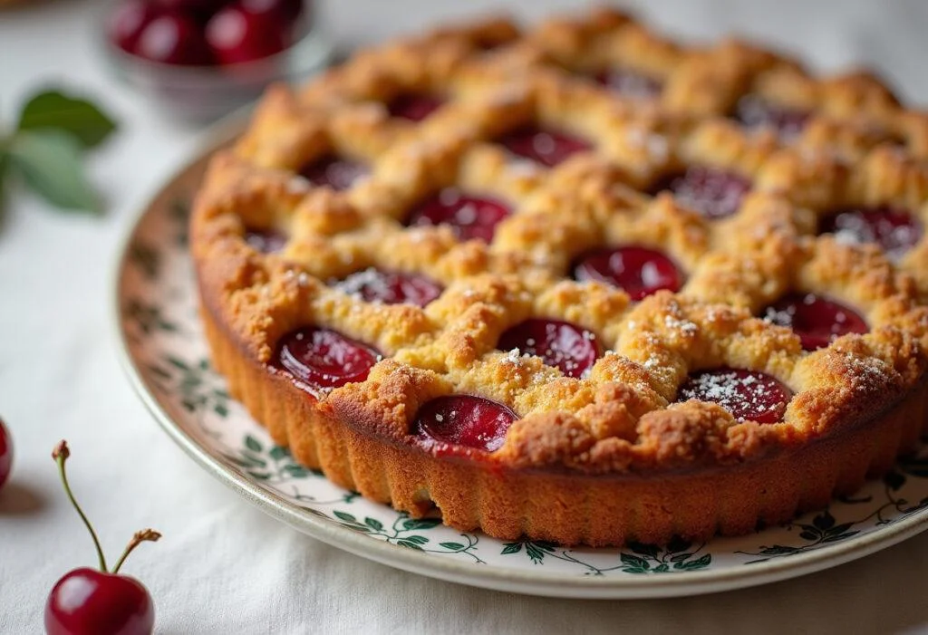 Fertiger Kirsch Streuselkuchen mit Puddingfüllung, perfect für jede Kaffeetafel.